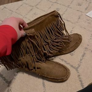 Minnetonka Double Fringe Suede Booties Leather